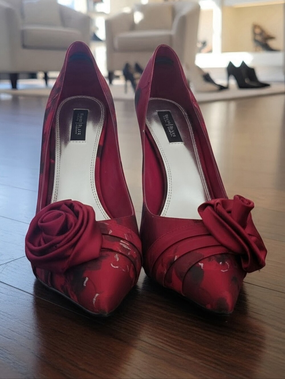 WH/BM Women's Burgundy Floral Satin Pointed-Toe Pumps with Rosette - Picture 2 of 4